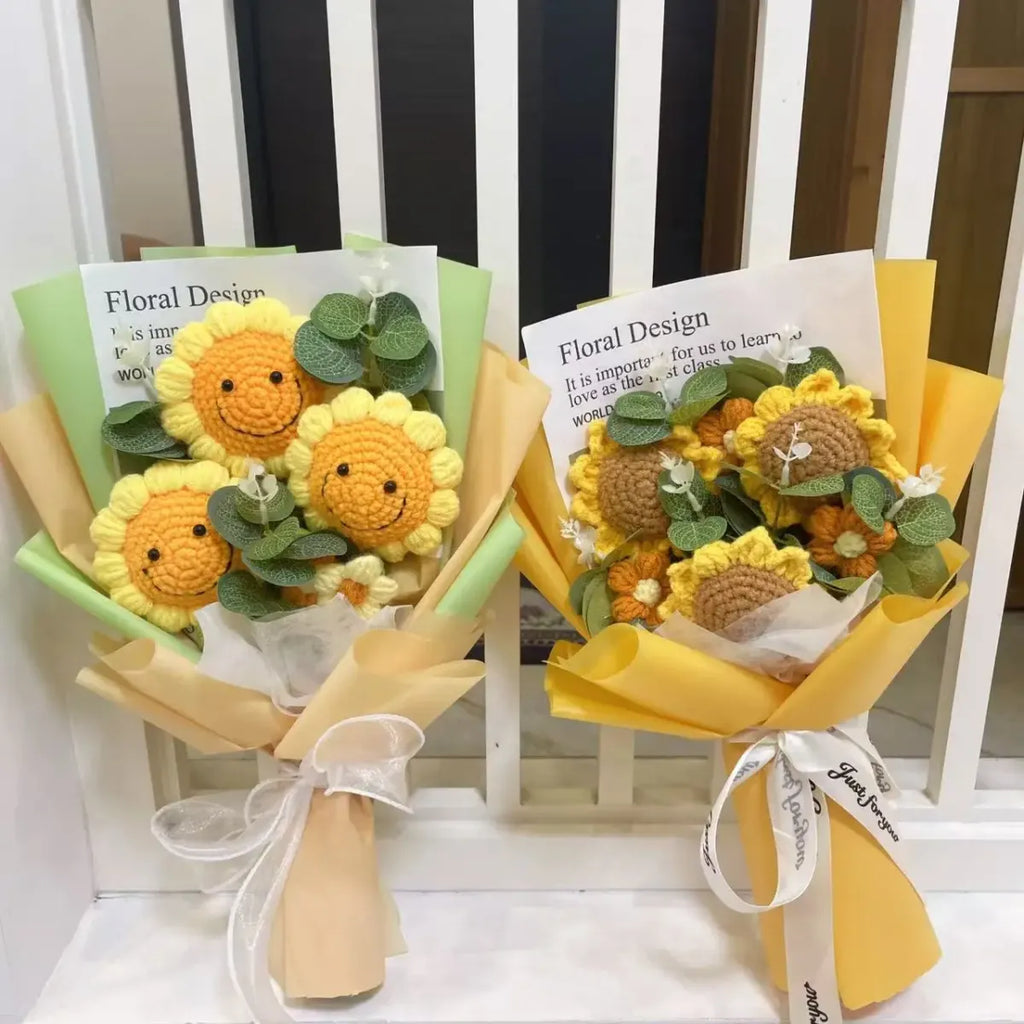 Kawaii Knitted Sunflower & Rose Bouquet – Crochet Gift for Birthday or Graduation