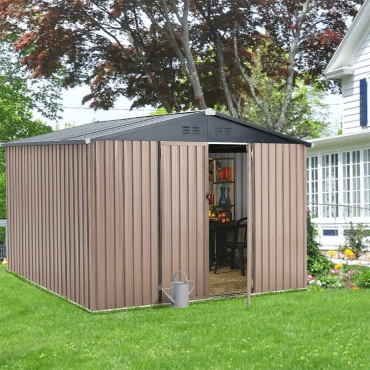 [08X10FT] Large Heavy-Duty Outdoor Metal Garden Tools Storage Utility Shed W/ Lockable Door (SAK72751)