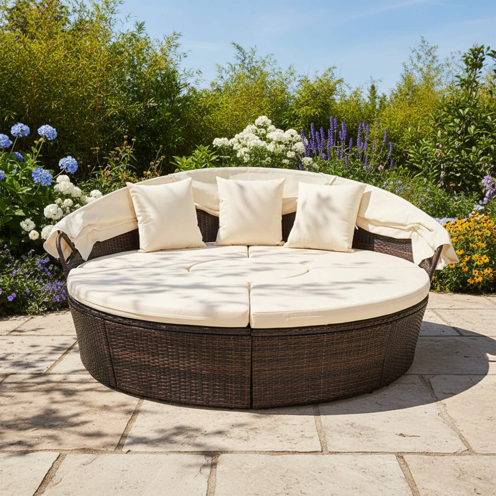 Large 76-Inch Outdoor Patio Rattan Daybed Sofa W/ Adjustable Table Top, Canopy & 3 Pillows (SAK91254)