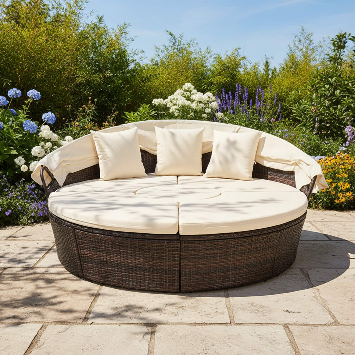 Large 76-Inch Outdoor Patio Rattan Daybed Sofa W/ Adjustable Table Top, Canopy & 3 Pillows (SAK91254)