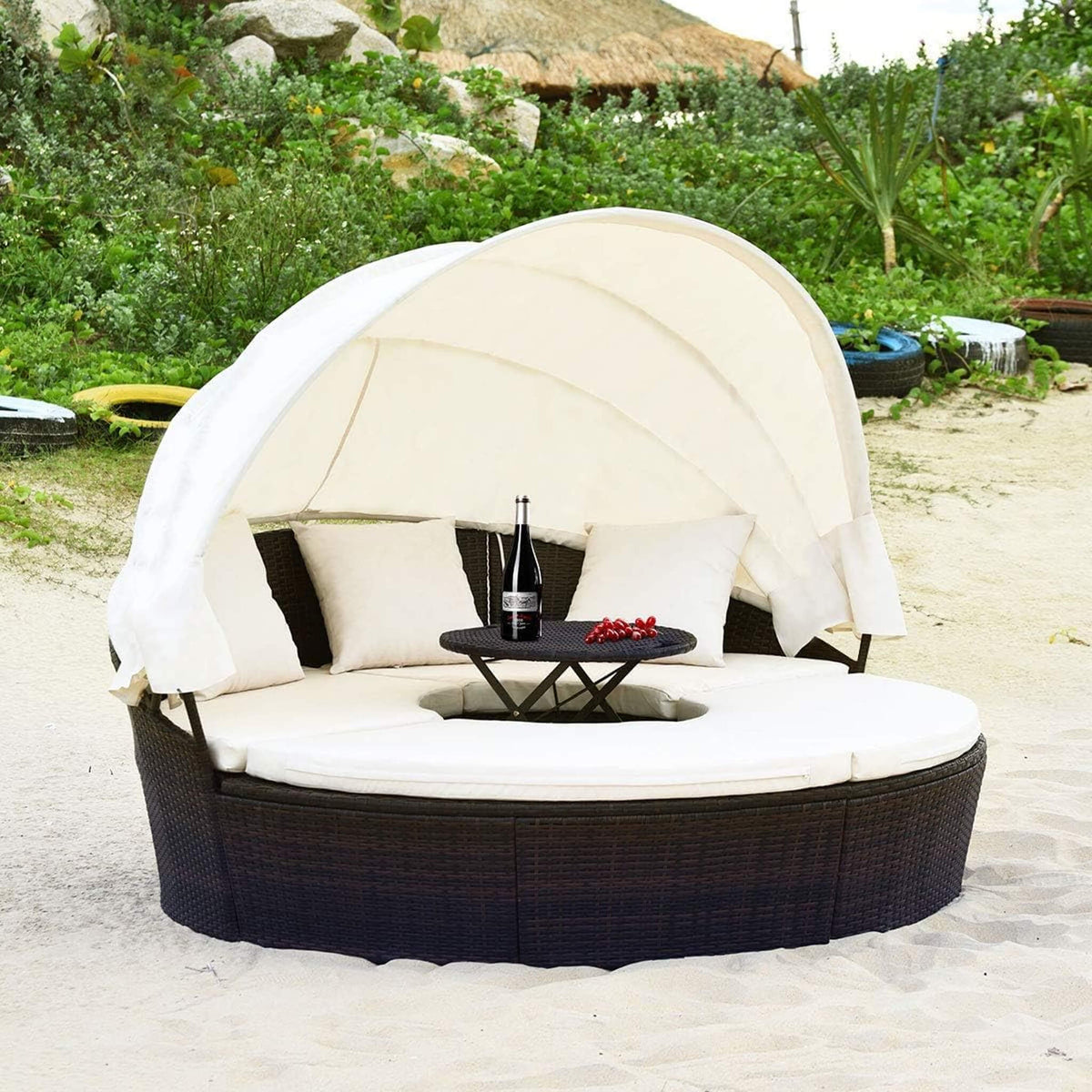 Large 76-Inch Outdoor Patio Rattan Daybed Sofa W/ Adjustable Table Top, Canopy & 3 Pillows (SAK91254)