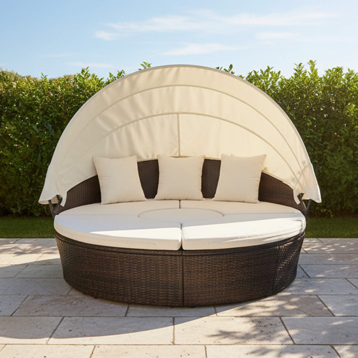 Large 76-Inch Outdoor Patio Rattan Daybed Sofa W/ Adjustable Table Top, Canopy & 3 Pillows (SAK91254)