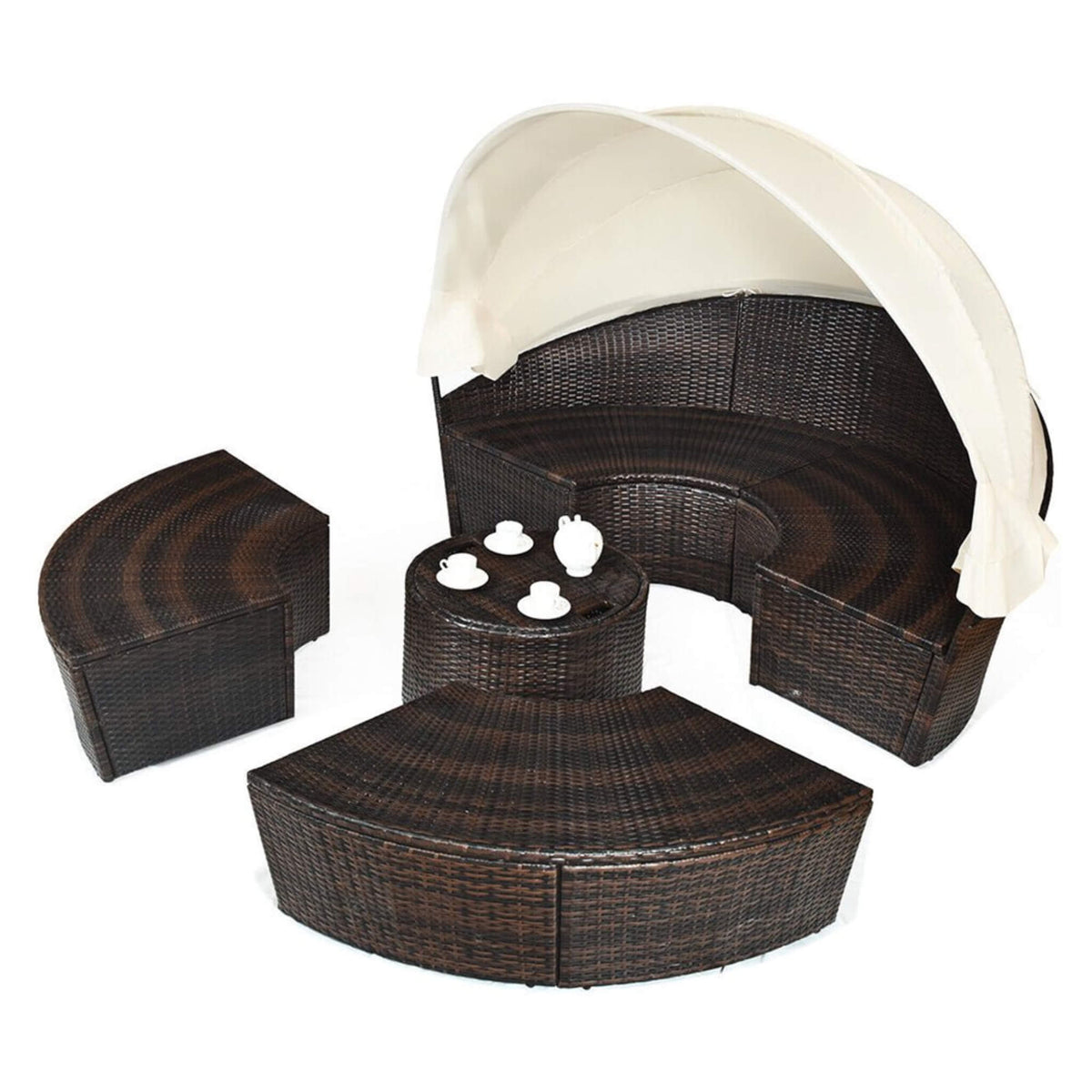 Large 76-Inch Outdoor Patio Rattan Daybed Sofa W/ Adjustable Table Top, Canopy & 3 Pillows (SAK91254)