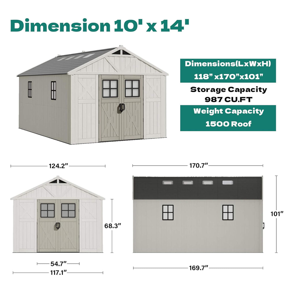 Large Resin Outdoor Storage Shed With Floor, Windows, And Lockable Door (SAK98421)