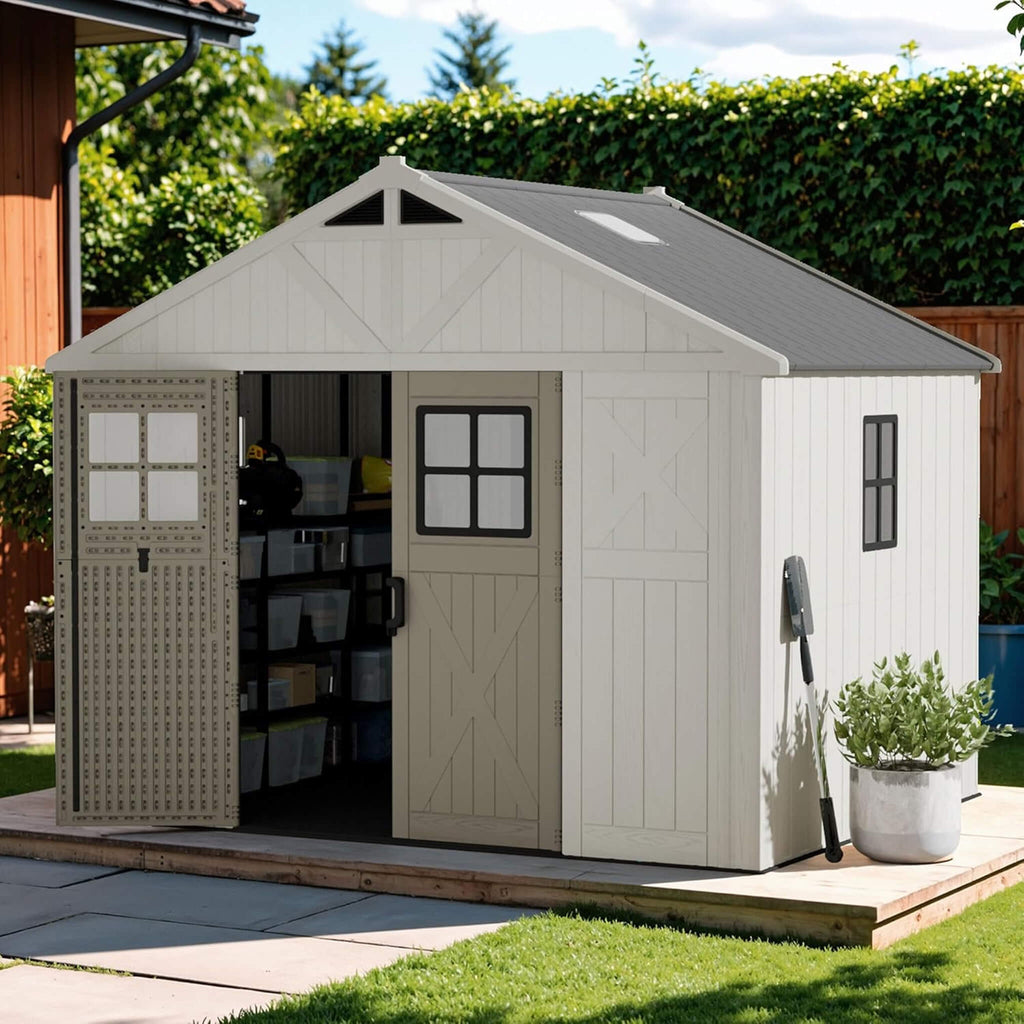Large Resin Outdoor Storage Shed With Floor, Windows, And Lockable Door (SAK98421)