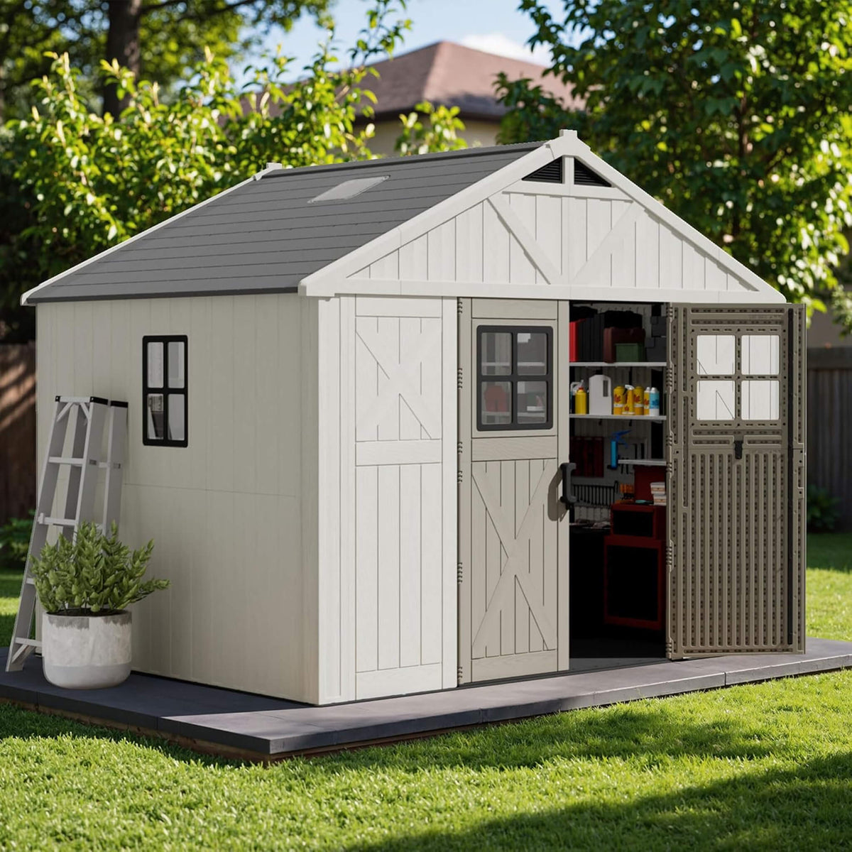 Large Resin Outdoor Storage Shed With Floor, Windows, And Lockable Door (SAK98421)