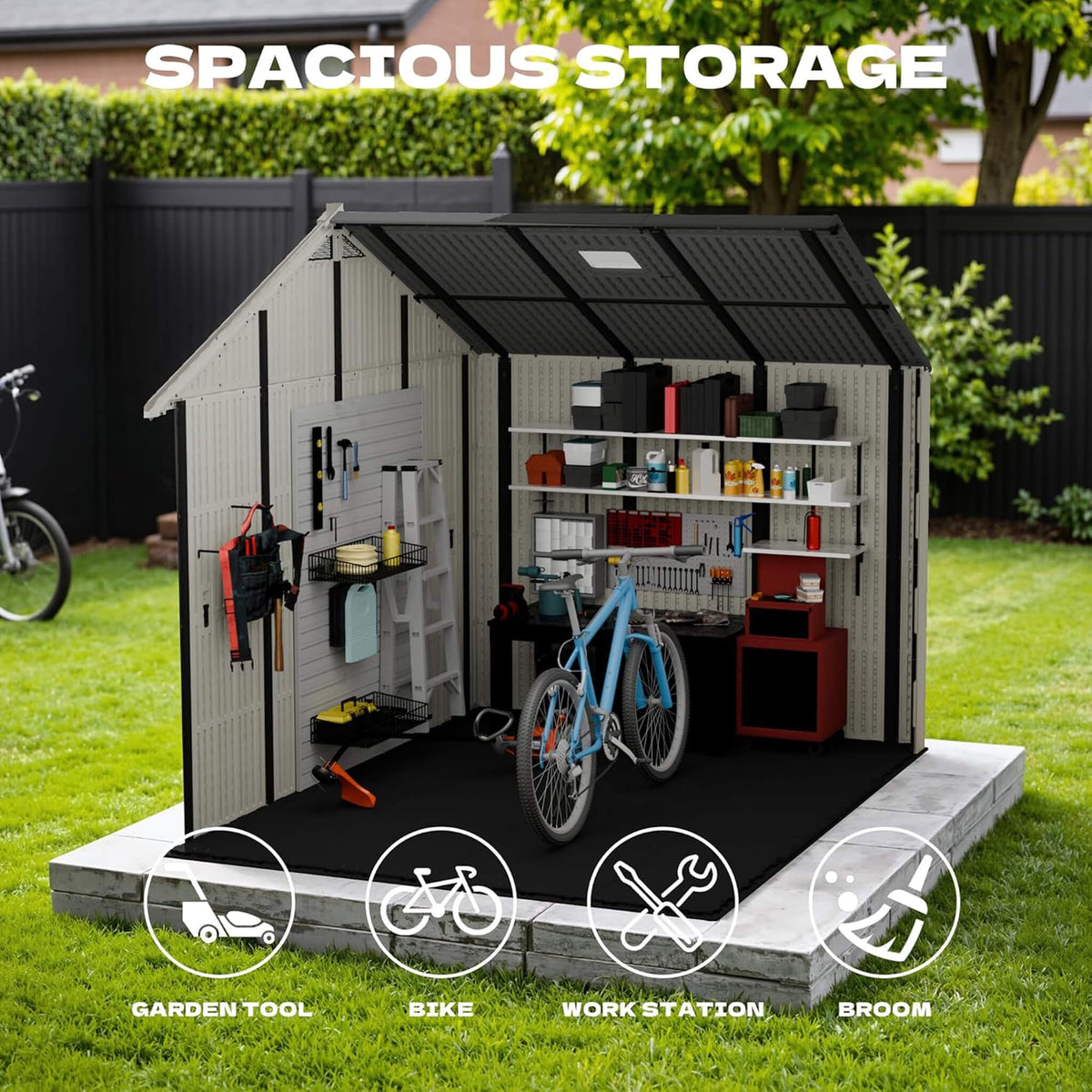 Large Resin Outdoor Storage Shed With Floor, Windows, And Lockable Door (SAK98421)