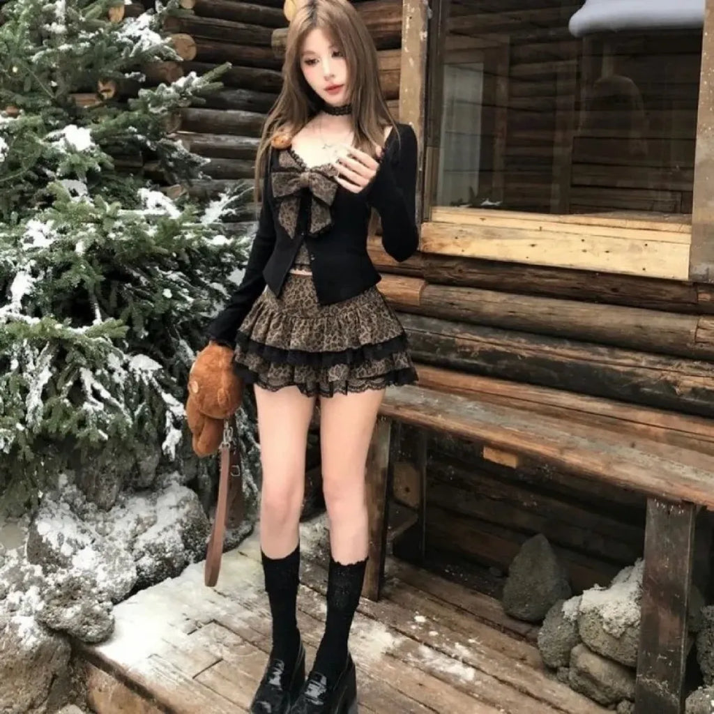 Leopard Print Bow Slim Fit Long Sleeve Lace Coat Women + Y2k High Waist Cake Skirts 2025 Autumn Winter New Two Piece Sets