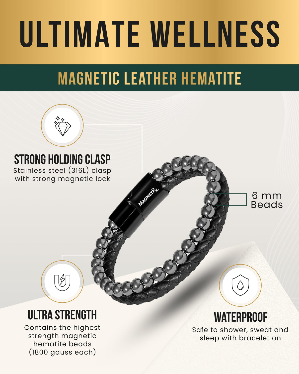 High Power Hematite Bead & Leather Magnetic Bracelet