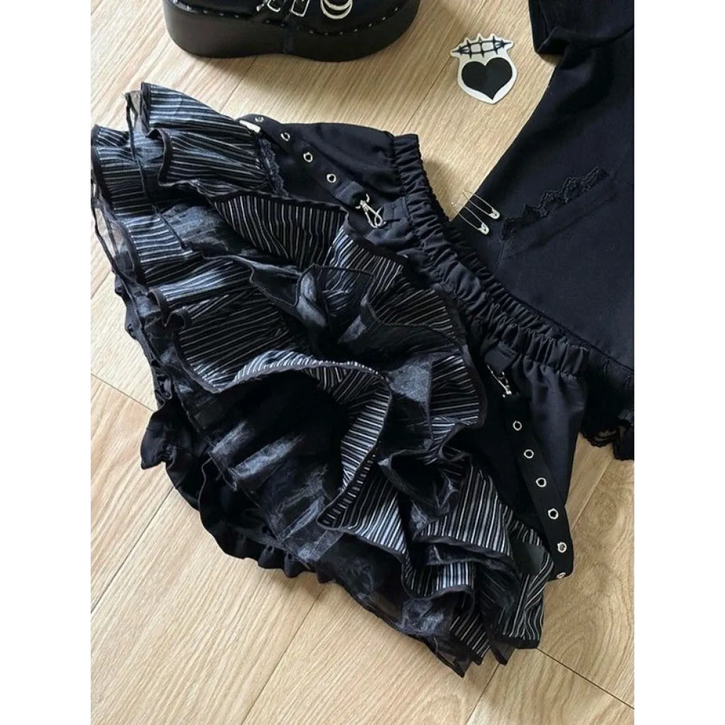 Black Punk Ruffle Mini Skirt