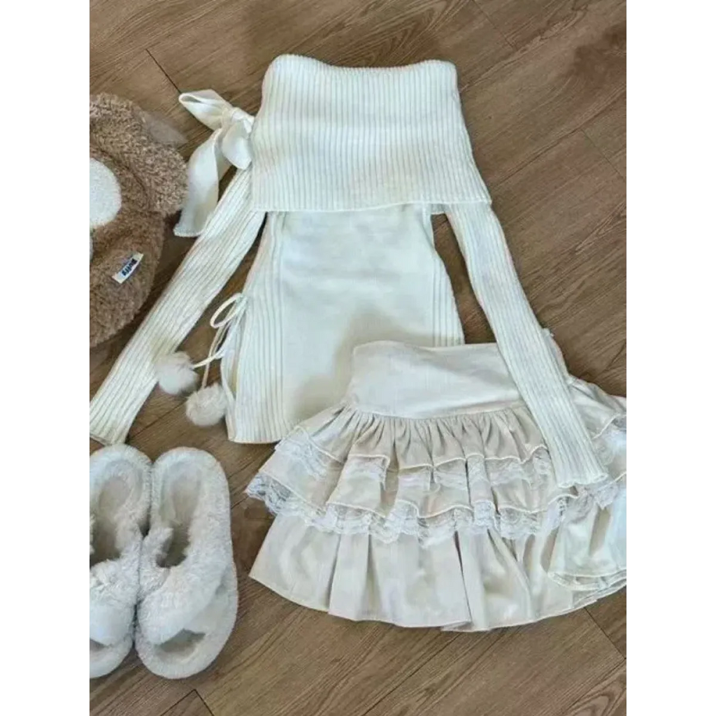 Kawaii Off-Shoulder Knit Lace Set