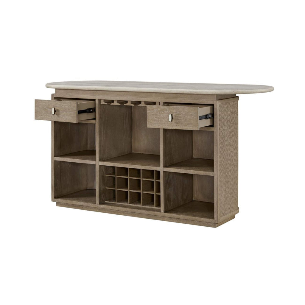 Modern Red Oak Home Bar Cabinet With Travertine Stone Top And Natural Rope Front (SAK72931)