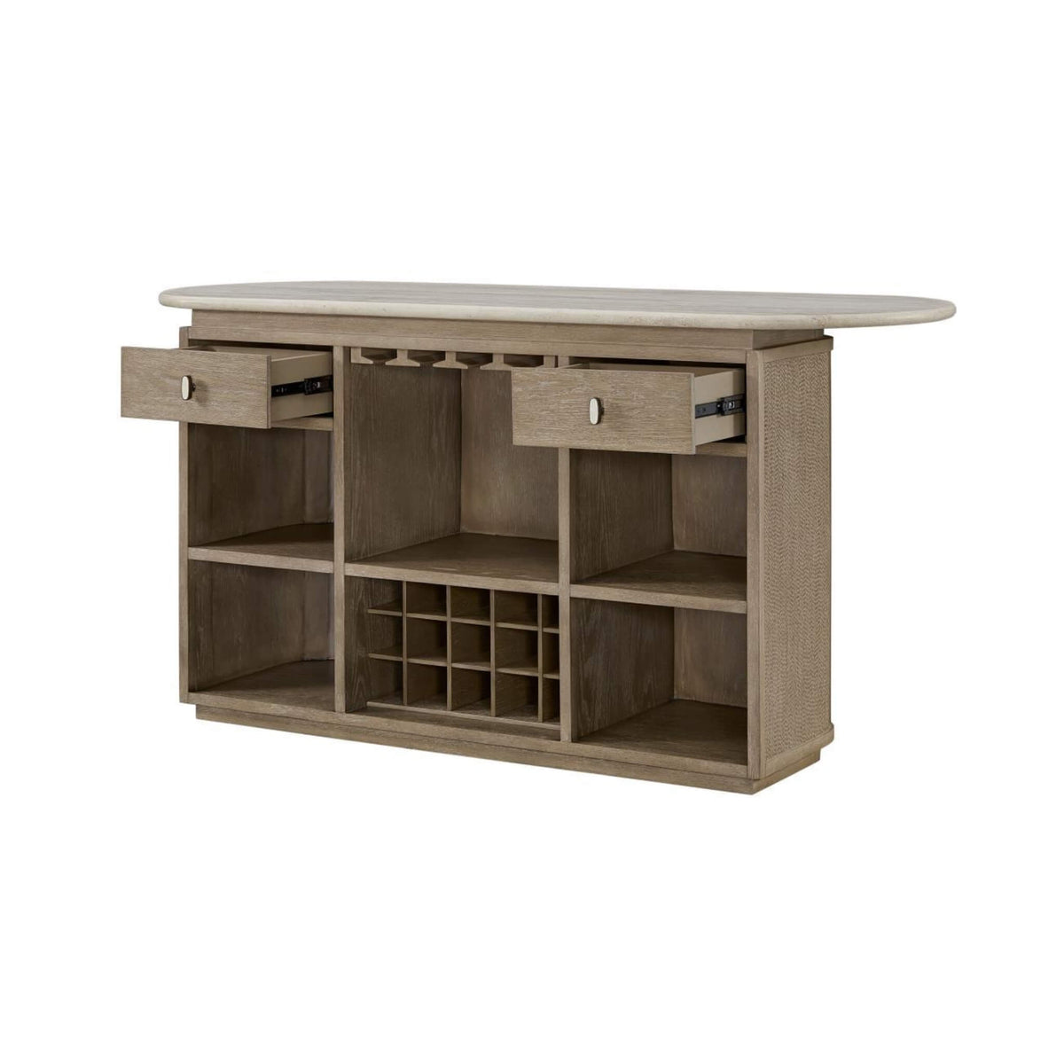 Modern Red Oak Home Bar Cabinet With Travertine Stone Top And Natural Rope Front (SAK72931)