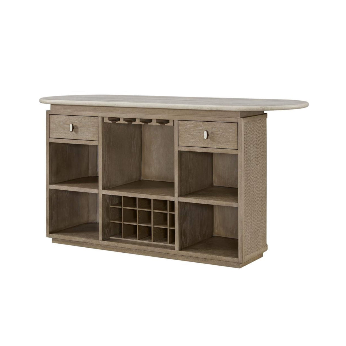 Modern Red Oak Home Bar Cabinet With Travertine Stone Top And Natural Rope Front (SAK72931)