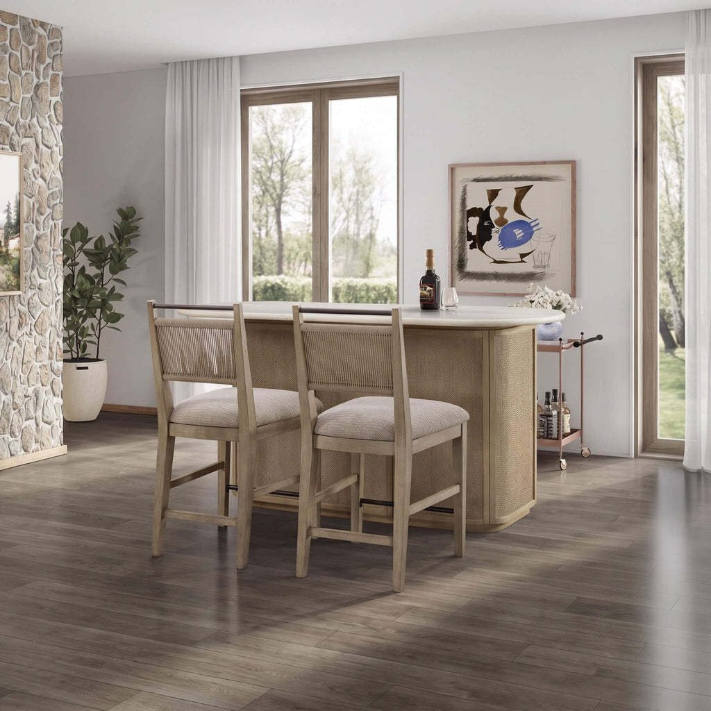 Modern Red Oak Home Bar Cabinet With Travertine Stone Top And Natural Rope Front (SAK72931)