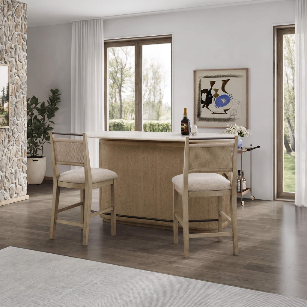 Modern Red Oak Home Bar Cabinet With Travertine Stone Top And Natural Rope Front (SAK72931)