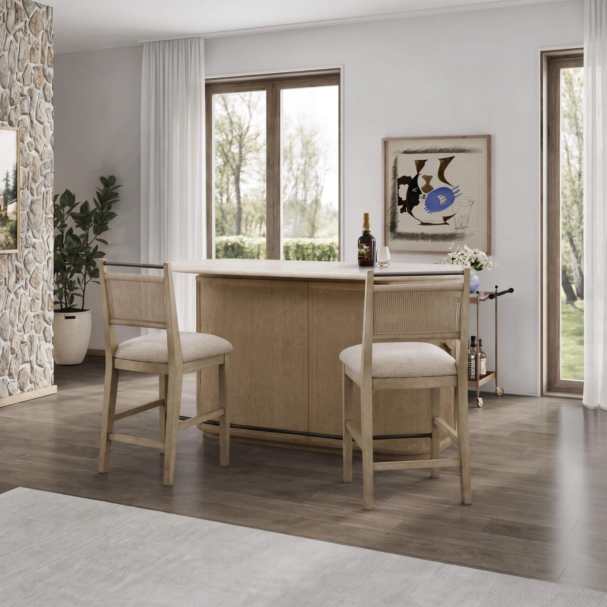 Modern Red Oak Home Bar Cabinet With Travertine Stone Top And Natural Rope Front (SAK72931)