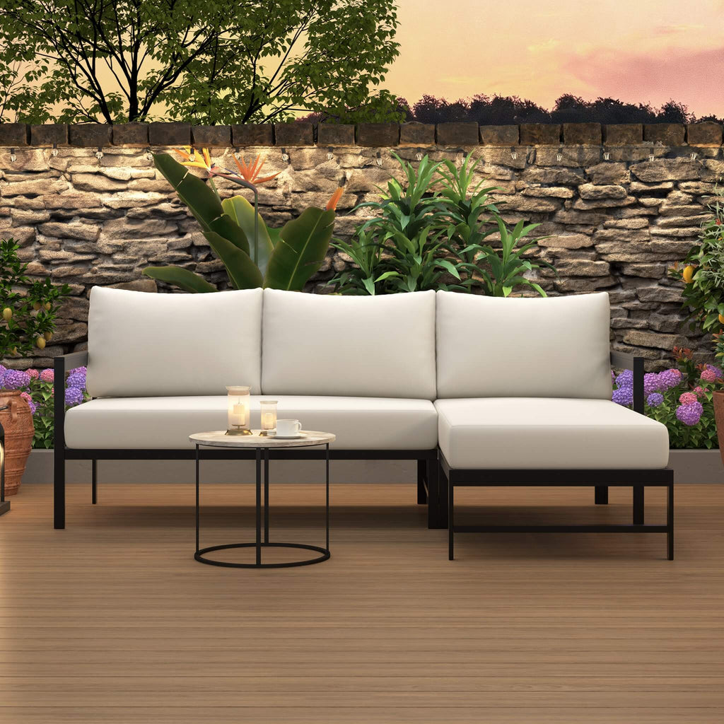Outdoor 3-Person L-Shaped Patio Sofa With Iron Frame And Thick Cushions [No Coffee Table] (SAK70213)