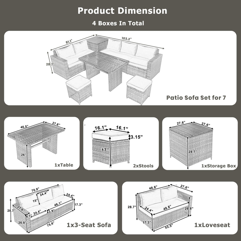 Outdoor 6-Piece All-Weather PE Rattan Sofa Set With Adjustable Seat, Storage Box, Removable Covers, And Tempered Glass Table Top (SAK37221)
