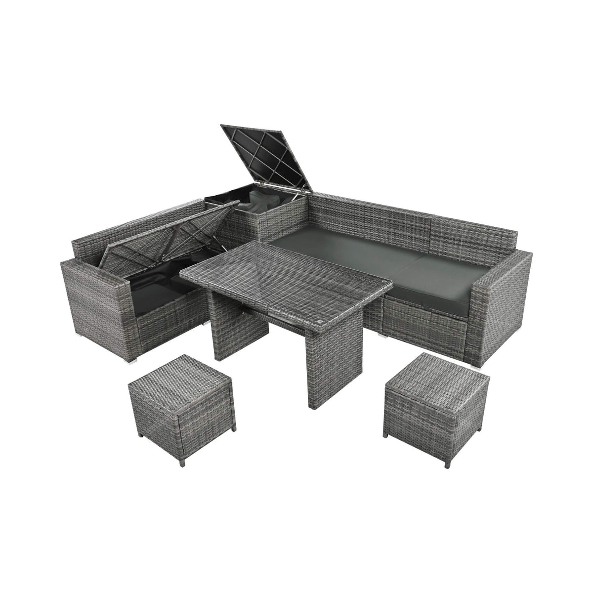 Outdoor 6-Piece All-Weather PE Rattan Sofa Set With Adjustable Seat, Storage Box, Removable Covers, And Tempered Glass Table Top (SAK37221)