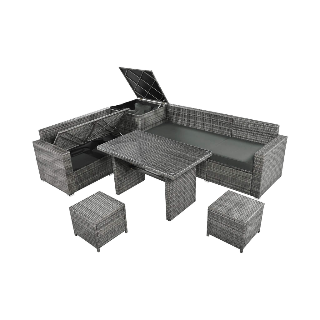 Outdoor 6-Piece All-Weather PE Rattan Sofa Set With Adjustable Seat, Storage Box, Removable Covers, And Tempered Glass Table Top (SAK37221)