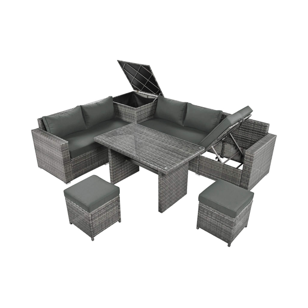 Outdoor 6-Piece All-Weather PE Rattan Sofa Set With Adjustable Seat, Storage Box, Removable Covers, And Tempered Glass Table Top (SAK37221)