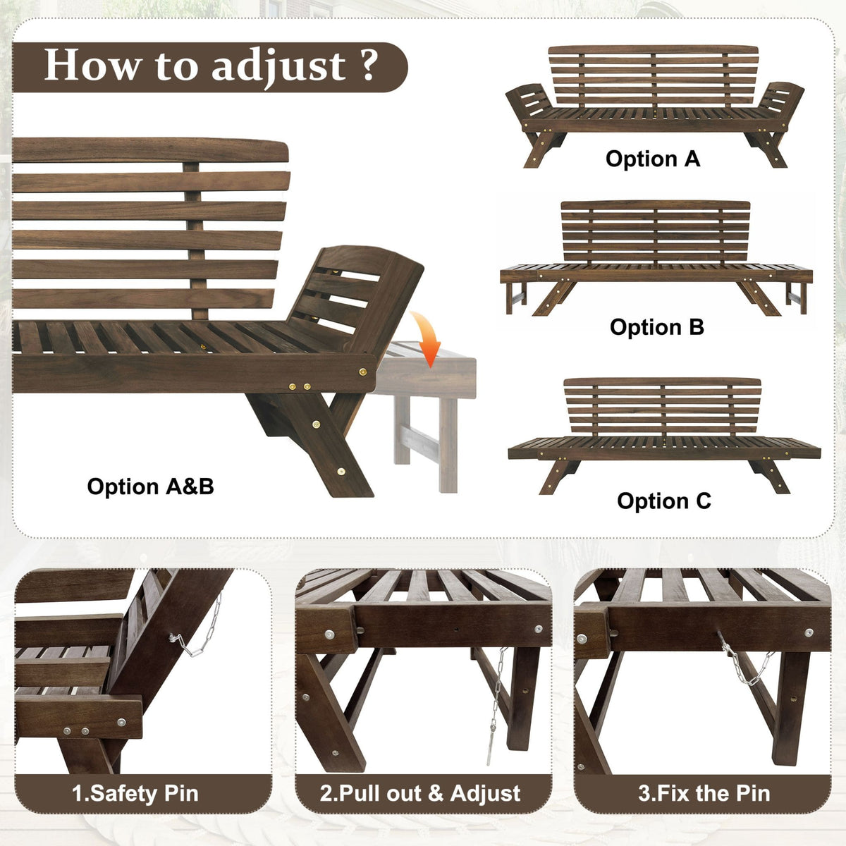 Outdoor Adjustable Wooden Patio Daybed Sofa With Cushions (SAK41345)