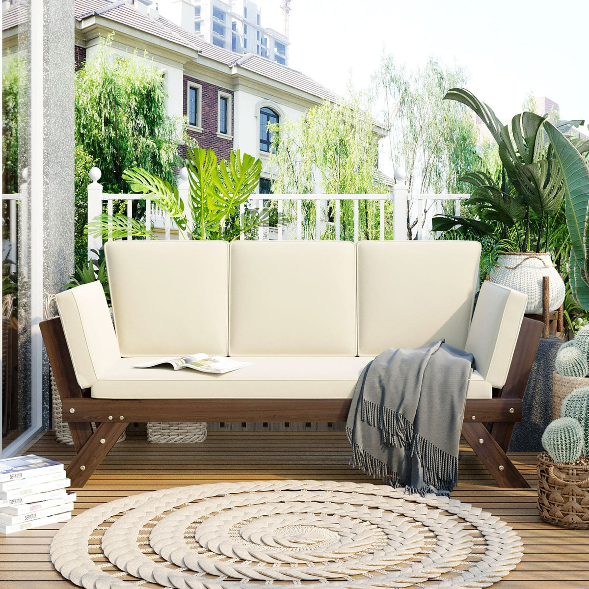 Outdoor Adjustable Wooden Patio Daybed Sofa With Cushions (SAK41345)