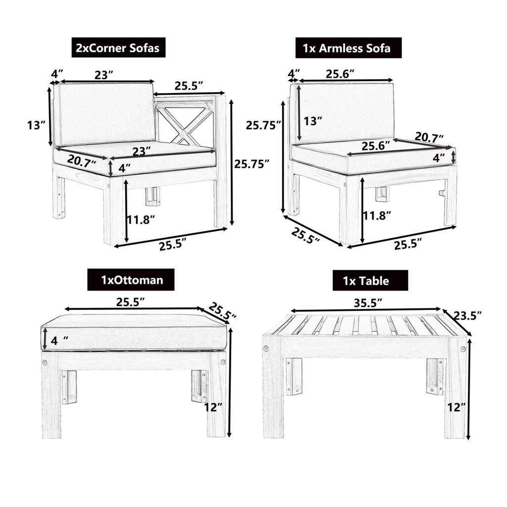 5-Piece Outdoor Patio Wood Sectional Sofa Set With Cushions (SAK31297)