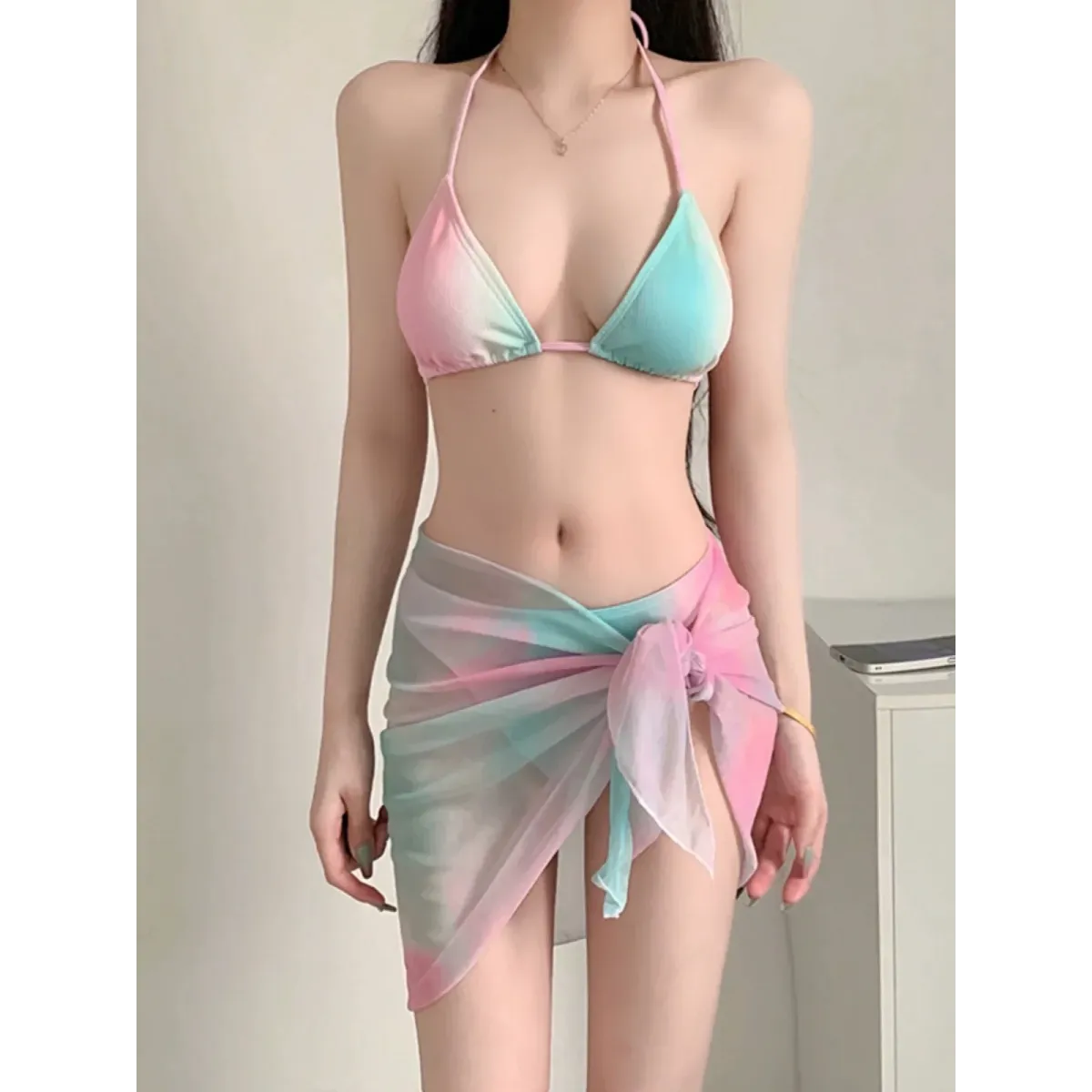 Pastel Gradient Halter Bikini Set – 3PC Korean Swimsuit with Mesh Skirt