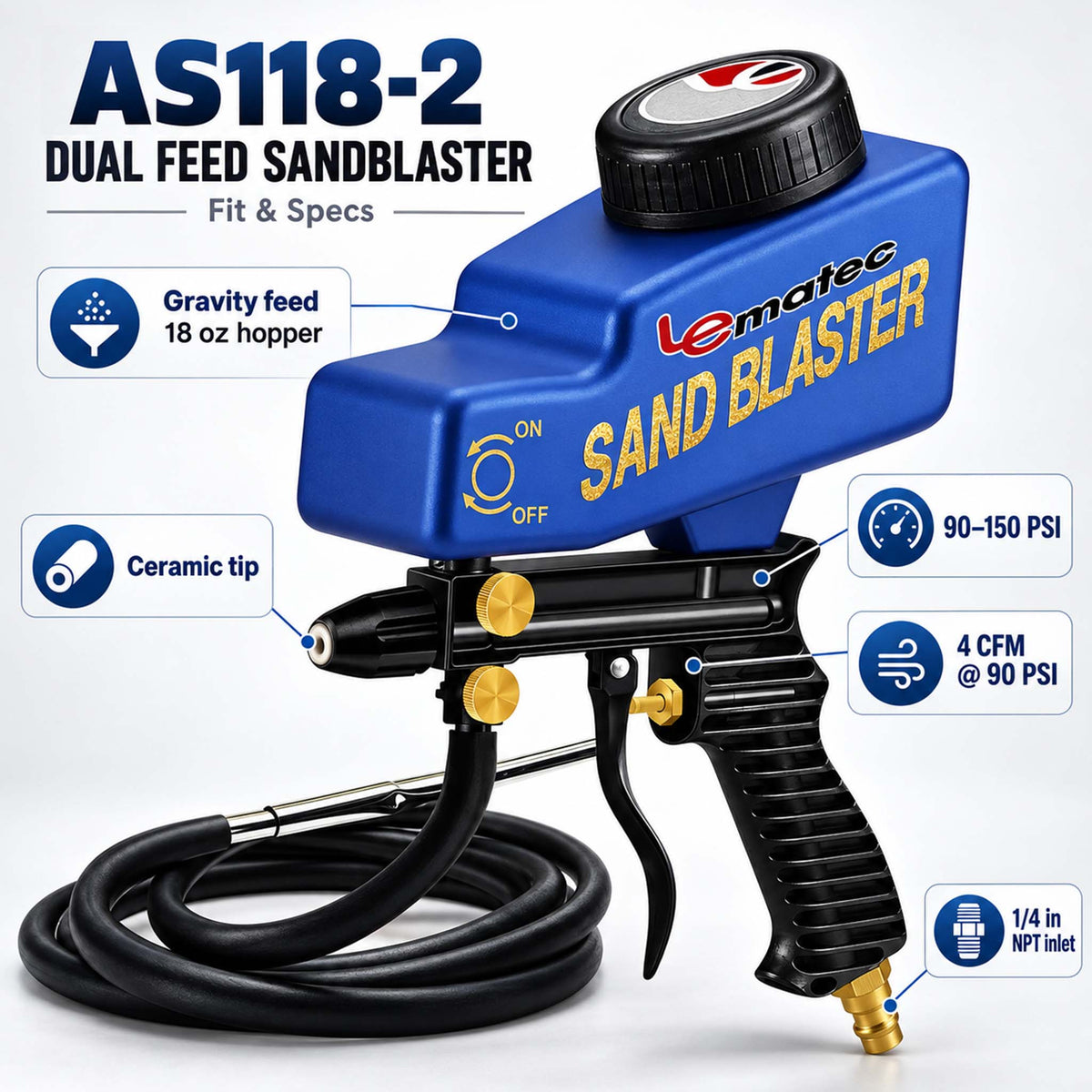 Professional Dual-Feed Sandblaster Gun Kit - 150 PSI with Ceramic Tip & 18oz Hopper (AS118-2)