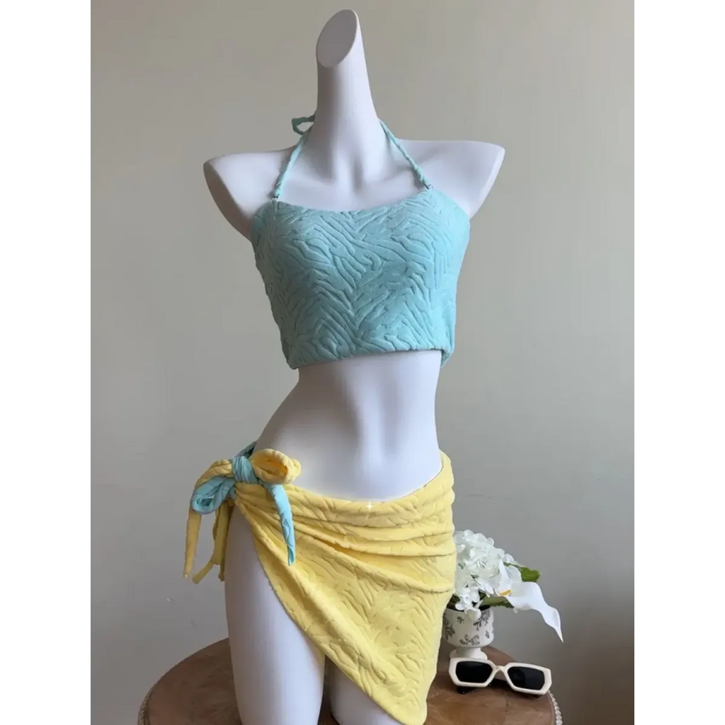 Patchwork Halter Bikini – Korean 3PCS Swimsuit with Skirt