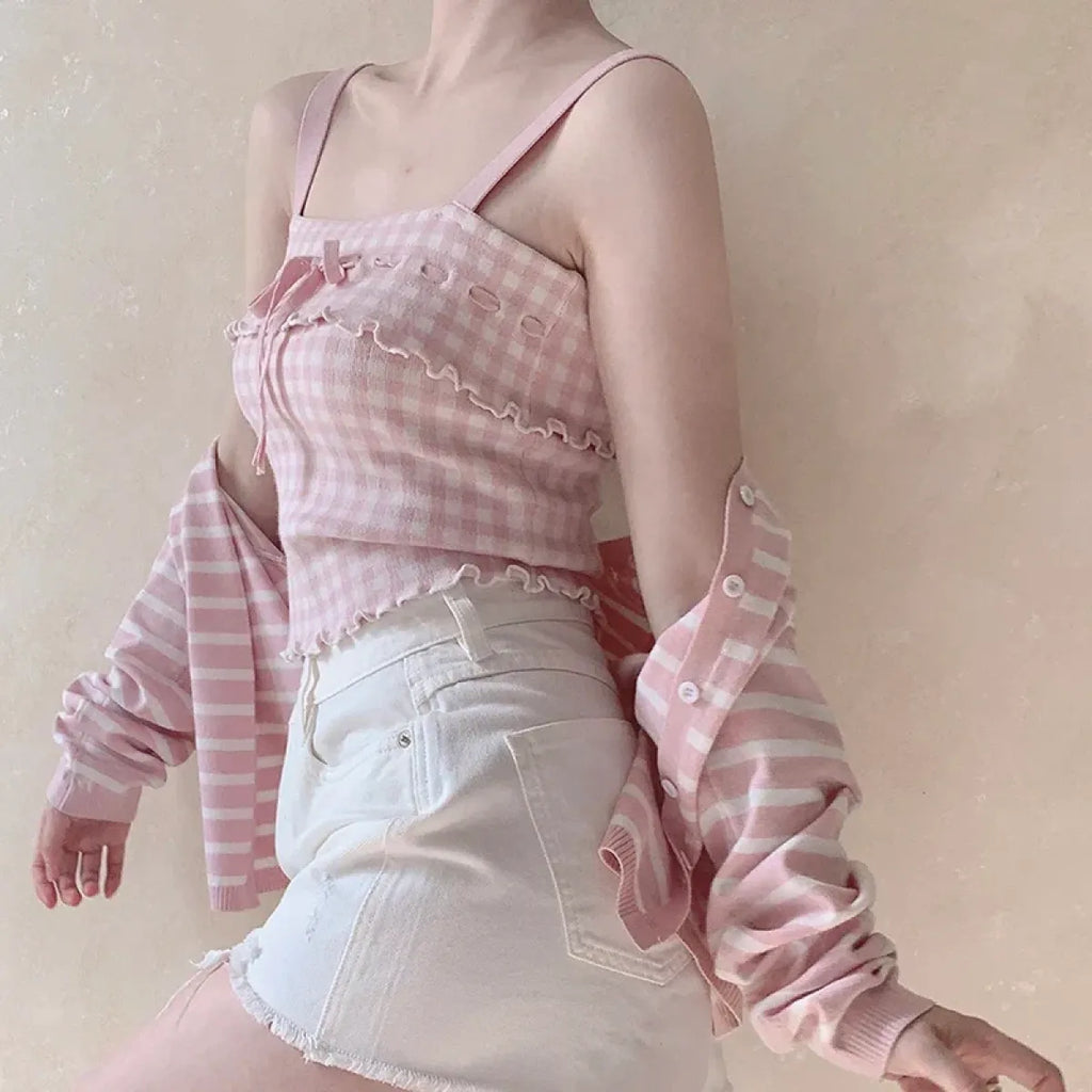 Pink Sweet Plaid Ribbon Crop Top