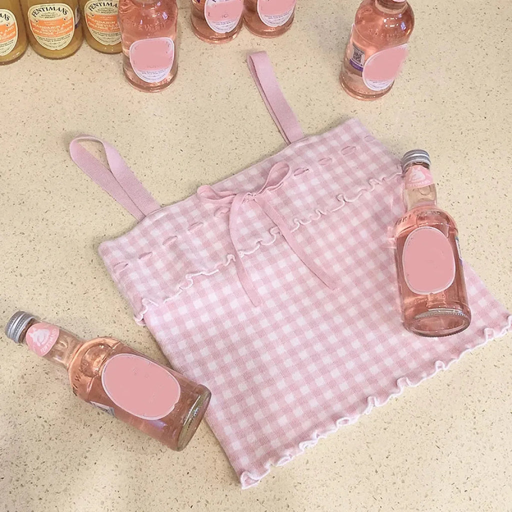 Pink Sweet Plaid Ribbon Crop Top