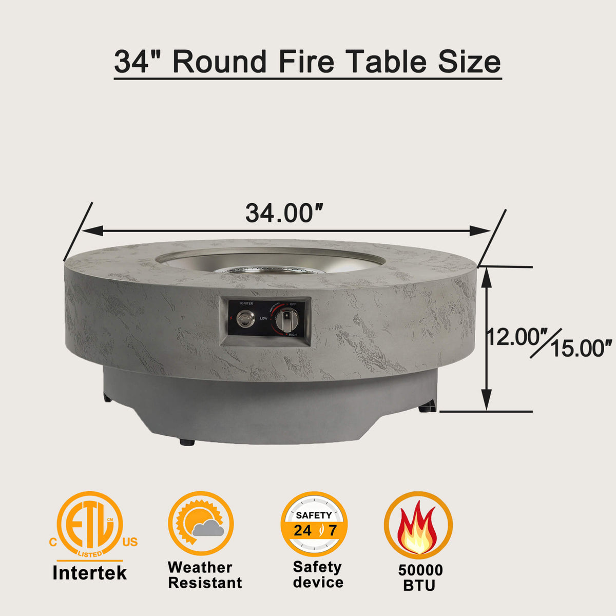 Premium 34-Inch Round Propane Fire Table 50K BTU With Glass Stones (SAK92471)