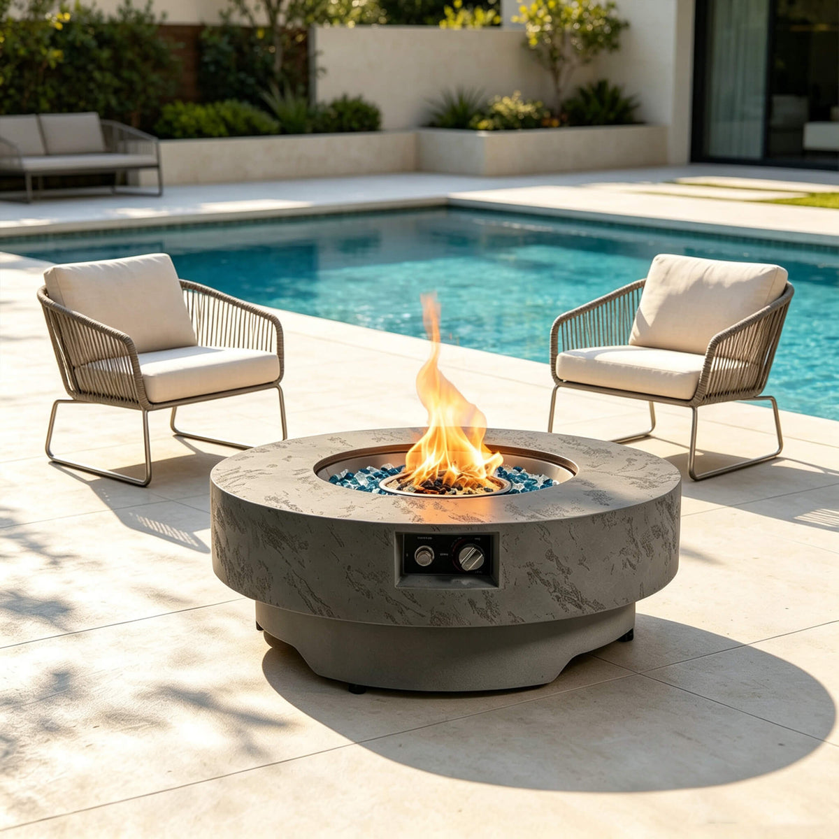 Premium 34-Inch Round Propane Fire Table 50K BTU With Glass Stones (SAK92471)