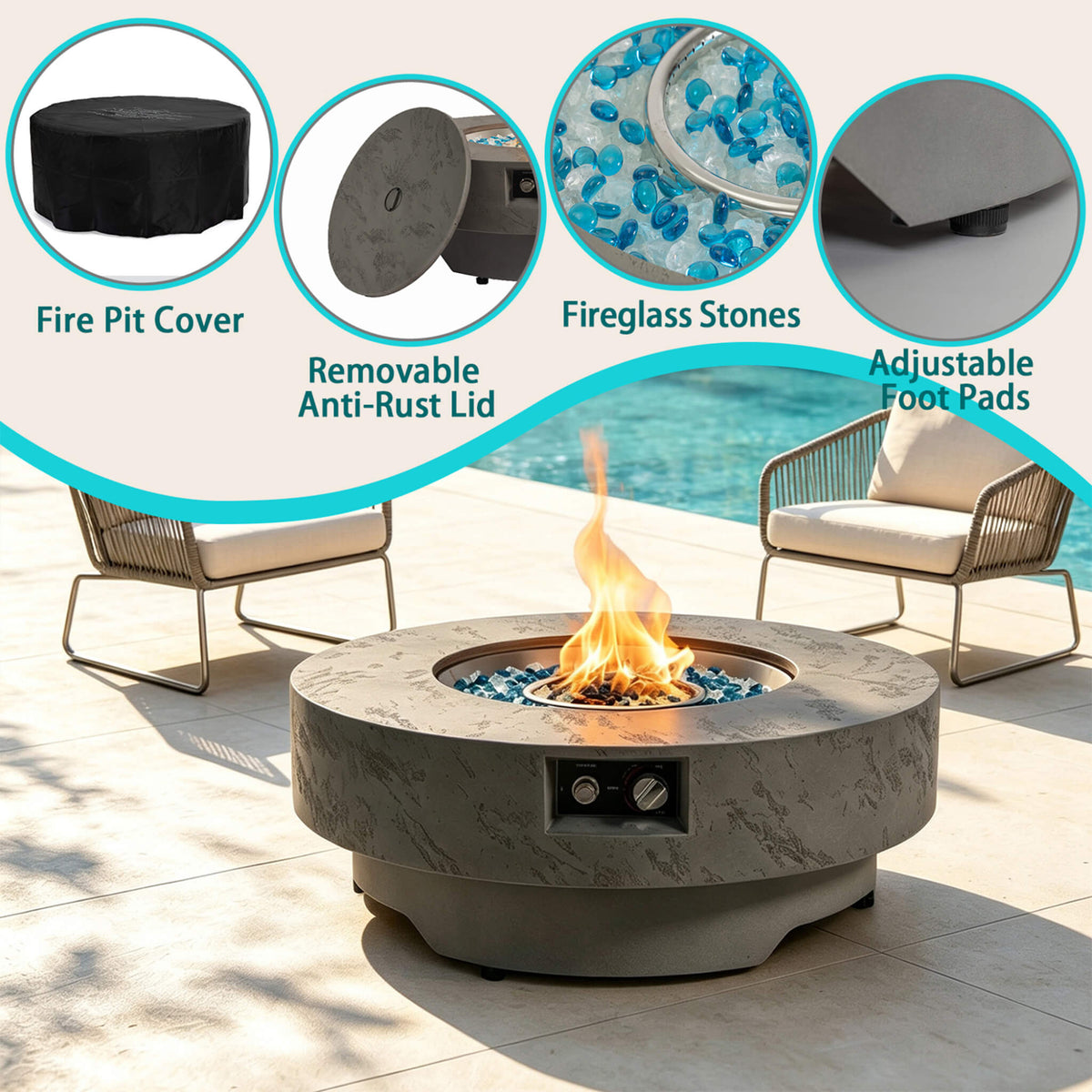 Premium 34-Inch Round Propane Fire Table 50K BTU With Glass Stones (SAK92471)