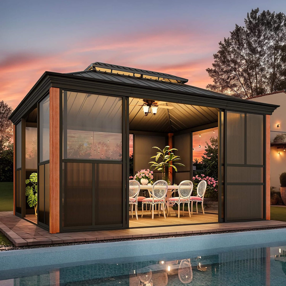 Solstice Premium All-Season Outdoor Wood Grain Sunroom With Sliding Doors And Double Top Roof (SAK58317)