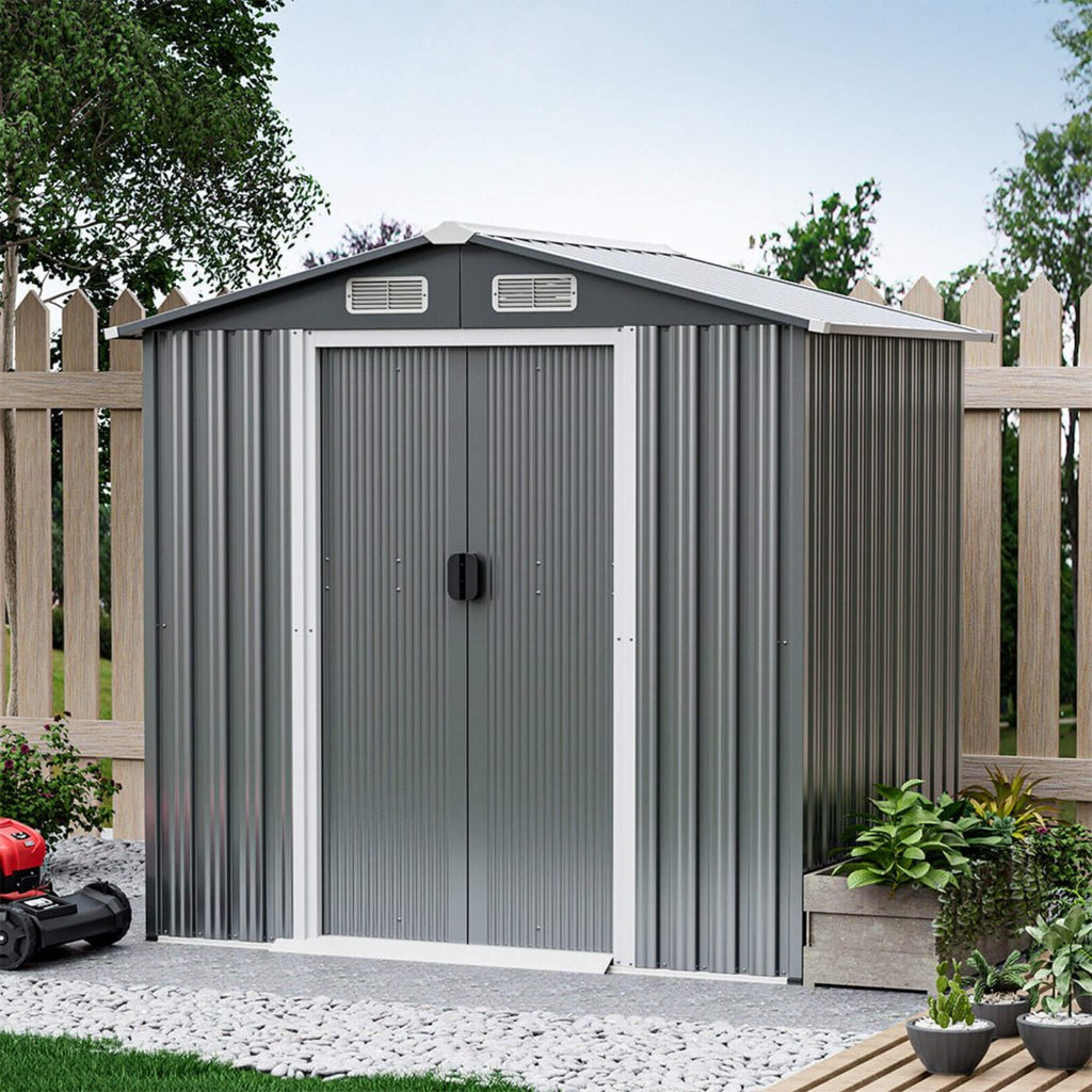 [04X06FT] Premium Garden Galvanized Steel Storage Shed W/ Lockable Sliding Doors (SAK75842)