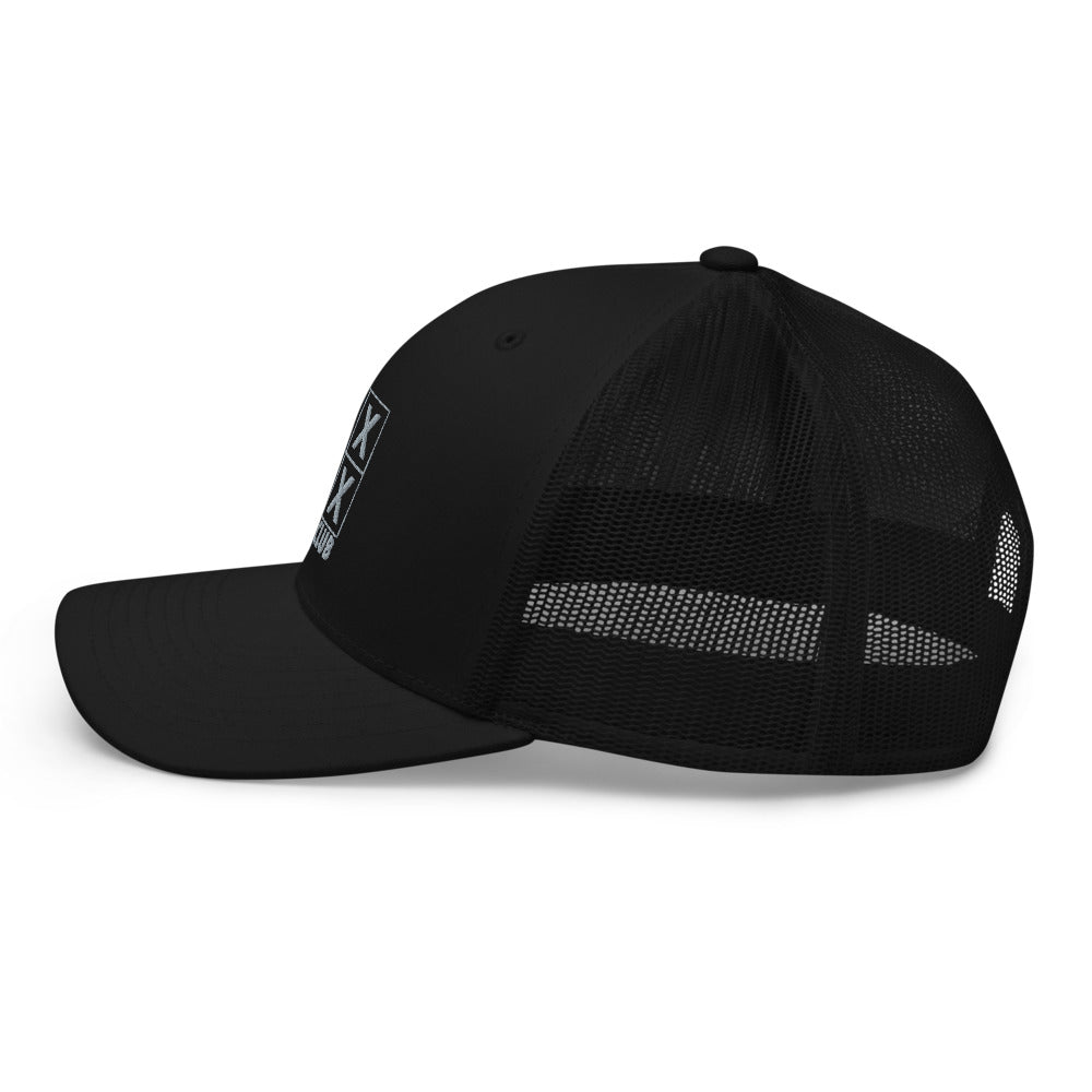 Four Box Logo Trucker Hat — Mesh-Back Snapback Cap (Gray Logo)