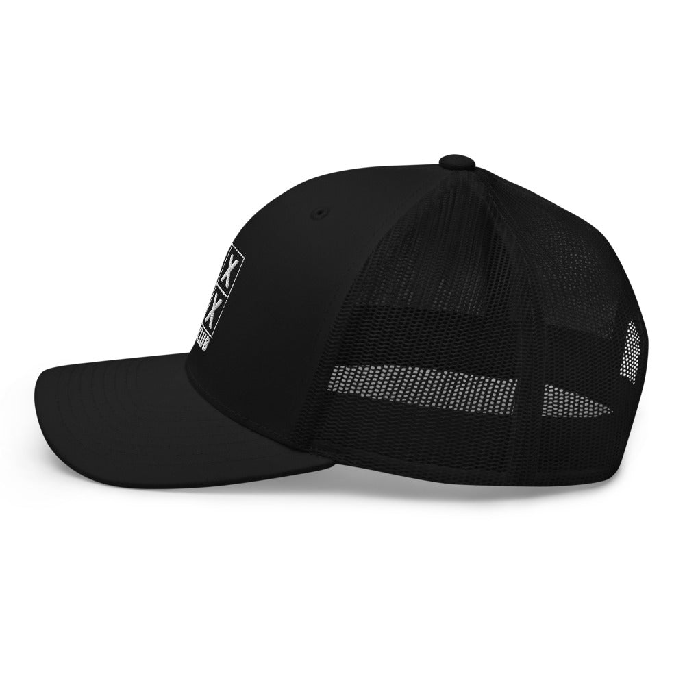 Four Box Logo Trucker Hat — Mesh-Back Snapback Cap (White Logo)