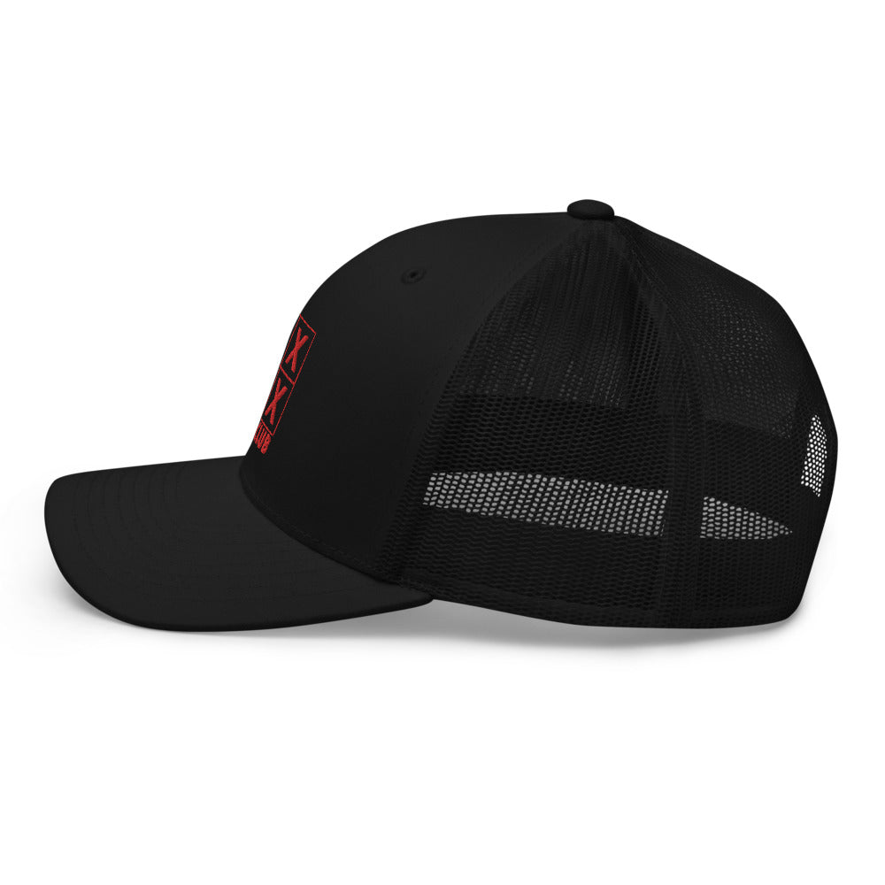 Four Box Logo Trucker Hat — Mesh-Back Snapback Cap (Red Logo)