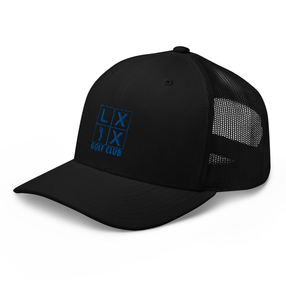 Four Box Logo Trucker Hat — Mesh-Back Snapback Cap (Blue Logo)