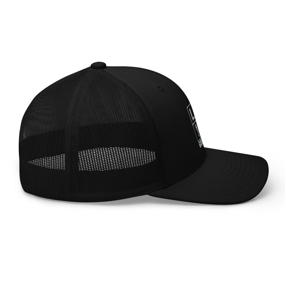 Four Box Logo Trucker Hat — Mesh-Back Snapback Cap (Gray Logo)
