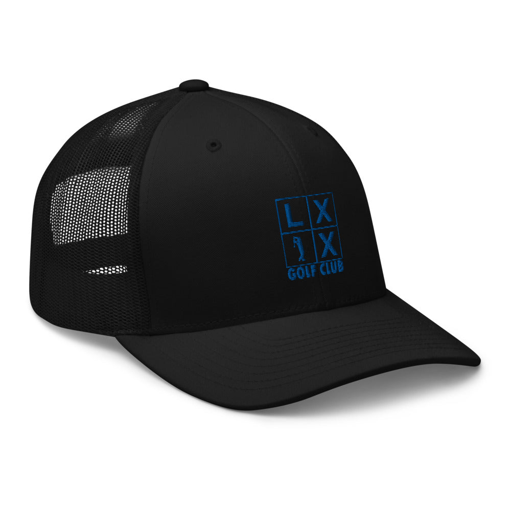 Four Box Logo Trucker Hat — Mesh-Back Snapback Cap (Blue Logo)