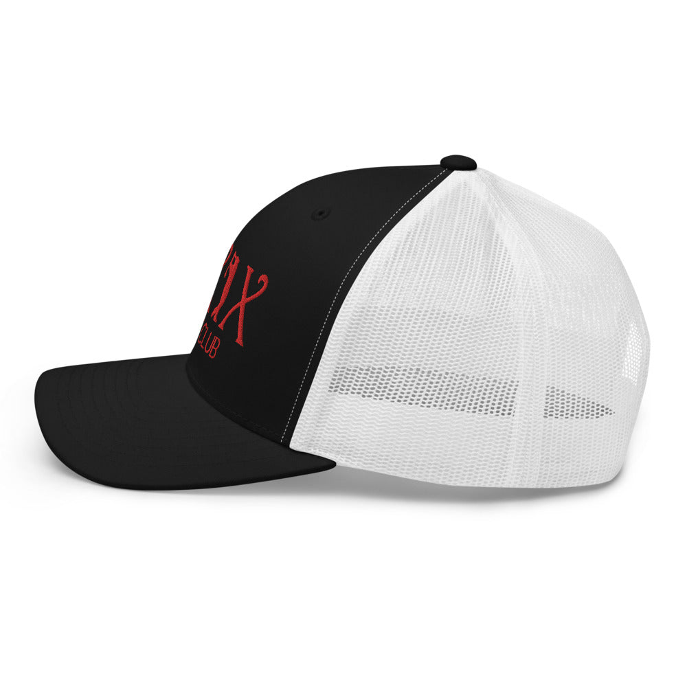 Curve Logo Trucker Hat — Mesh-Back Snapback Cap (Red Logo)