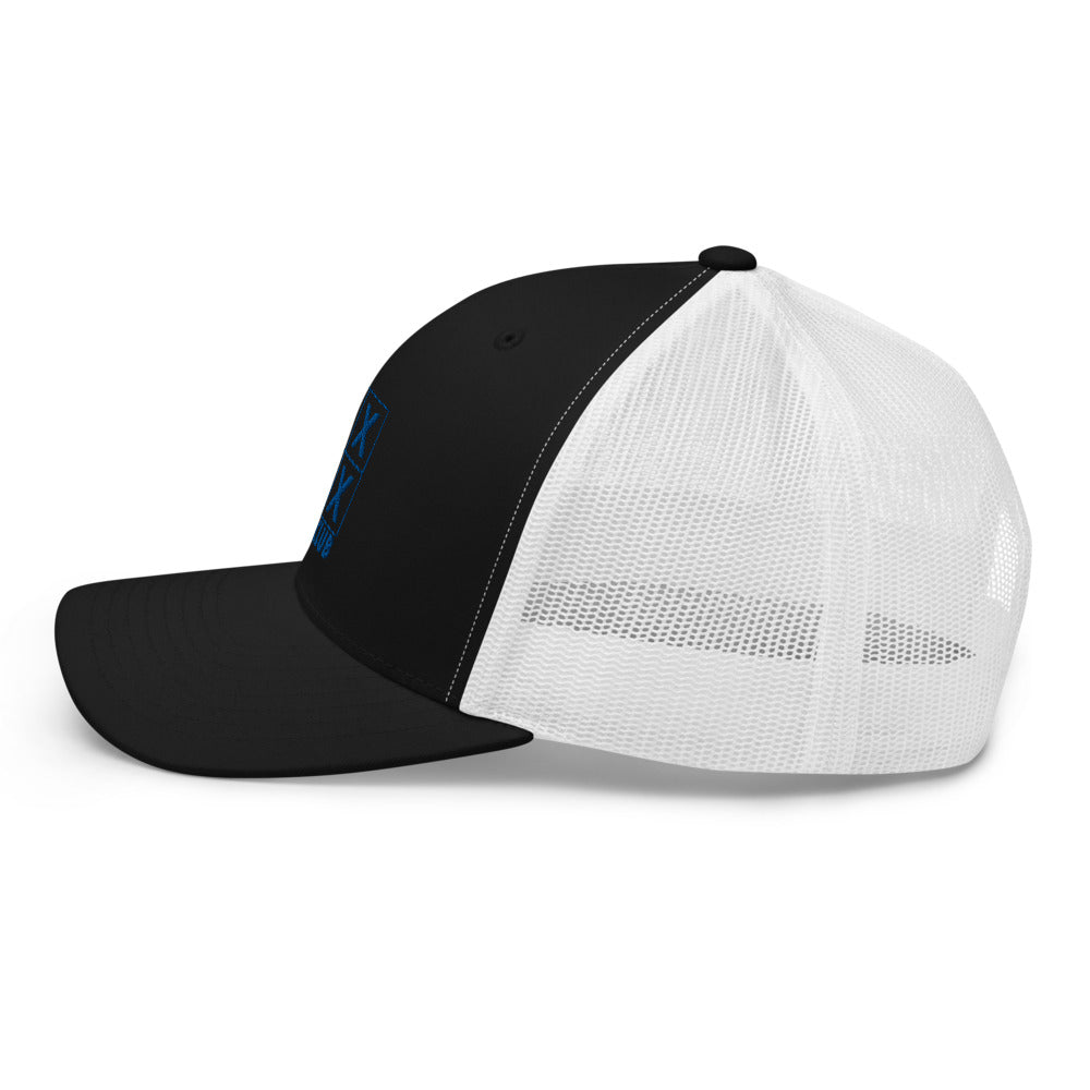 Four Box Logo Trucker Hat — Mesh-Back Snapback Cap (Blue Logo)