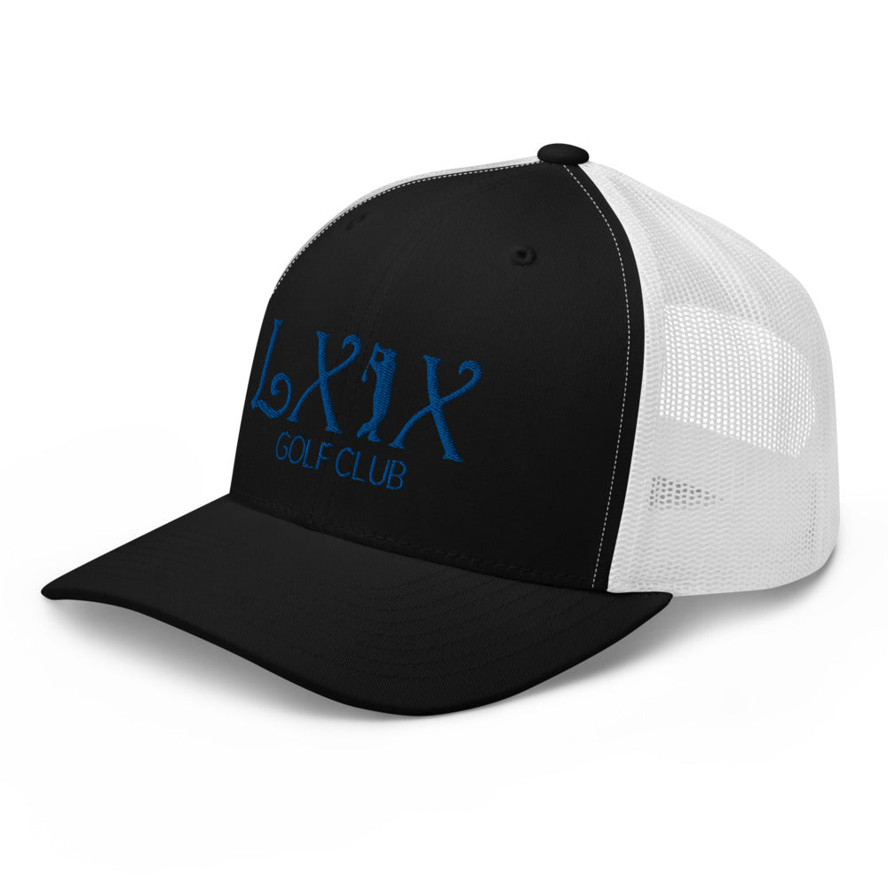 Curve Logo Trucker Hat — Mesh-Back Snapback Cap (Blue Logo)