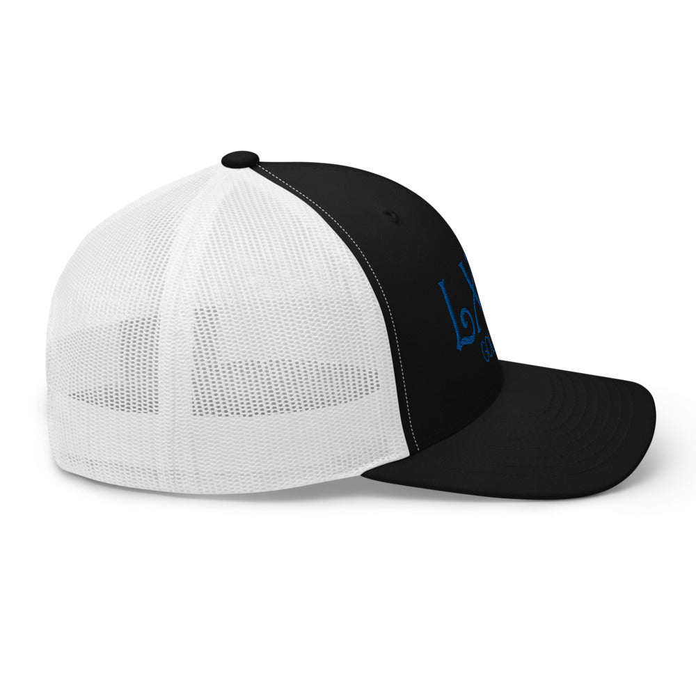 Curve Logo Trucker Hat — Mesh-Back Snapback Cap (Blue Logo)