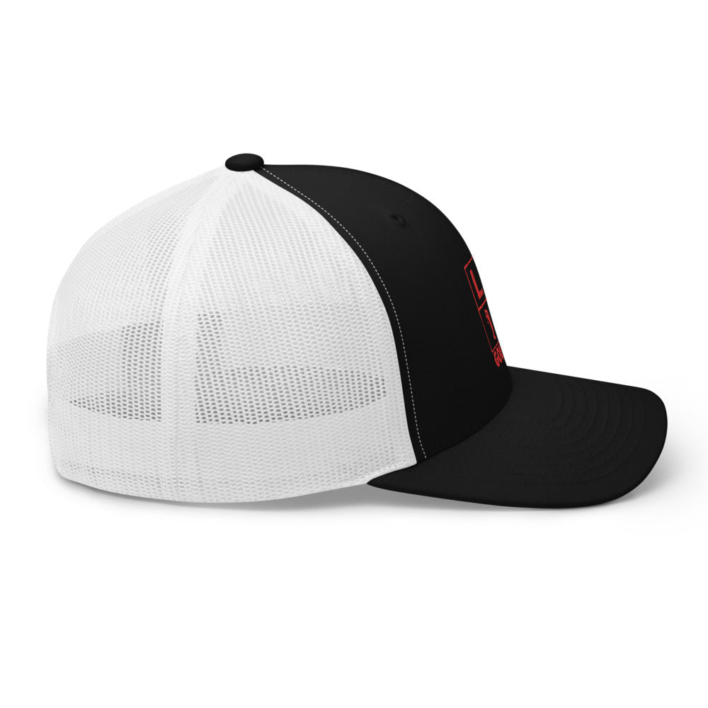 Four Box Logo Trucker Hat — Mesh-Back Snapback Cap (Red Logo)